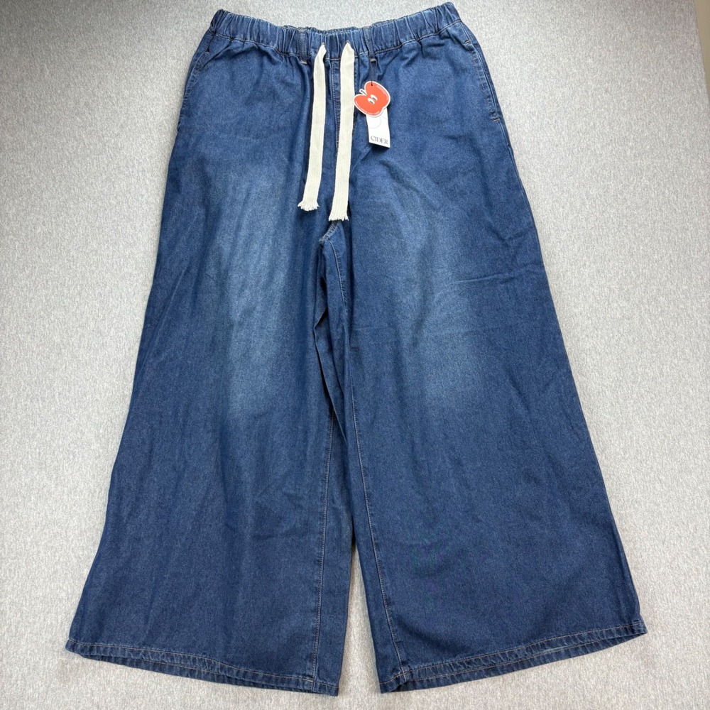 Cider Wide Leg Denim Pants in Dark Blue with Cream Drawstring